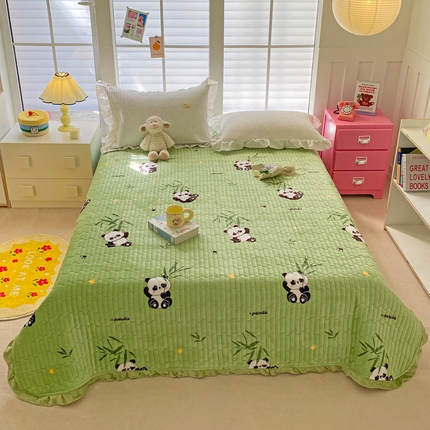 胜权家纺 2024秋冬新款印花牛奶绒加厚保暖圆角花边夹棉床盖 可爱熊猫绿