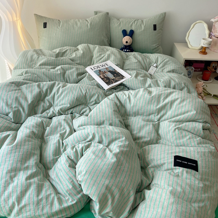 91家纺网 家纺一手货源 找家纺 呗旺鹿 2024新款A类全棉色织水洗棉马卡龙系列四件套 可乐绿灰