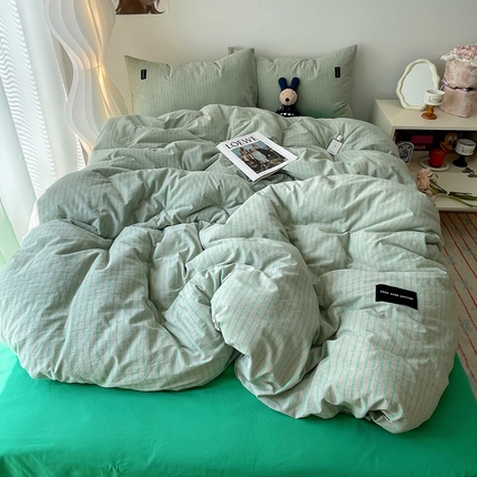 呗旺鹿 2024新款A类全棉色织水洗棉马卡龙系列四件套 可乐绿灰