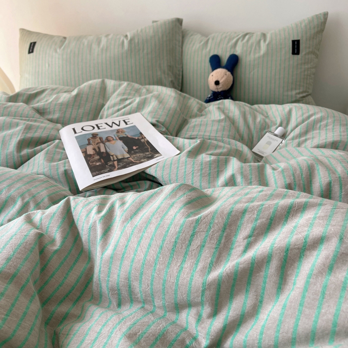 91家纺网 家纺一手货源 找家纺 呗旺鹿 2024新款A类全棉色织水洗棉马卡龙系列四件套 可乐绿灰