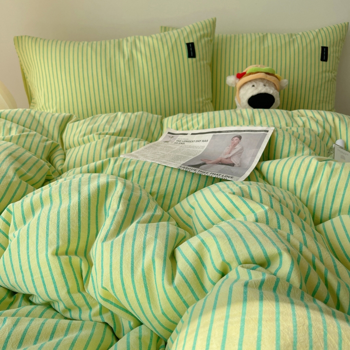 91家纺网 家纺一手货源 找家纺 呗旺鹿 2024新款A类全棉色织水洗棉马卡龙系列四件套 可乐青柠