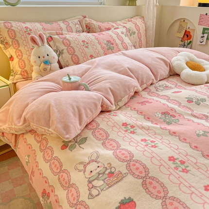 2024新款小清新牛奶绒高克重加厚保暖四件套 蕾丝兔兔