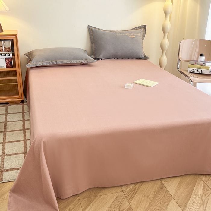 91家纺网 家纺一手货源 找家纺 菲梵家纺 2025新款纯色双拼全棉加厚磨毛刺绣款套单床单（自然光场景） 铂金粉