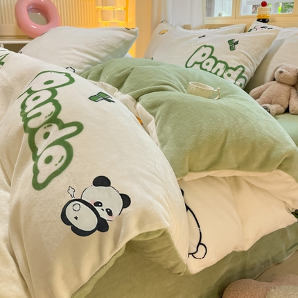 铭宣家居 2024新款7斤小清新高克重牛奶绒印花四件套床单床笠款 萌仔熊猫