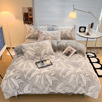 2024新款A类高克重立体浮雕牛奶绒加厚保暖系列-四件套 叶璃浅灰