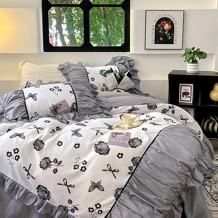 91家纺网 家纺一手货源 找家纺 春光里 2024新款法式大花边亲肤磨毛四件套 玫瑰蝶影