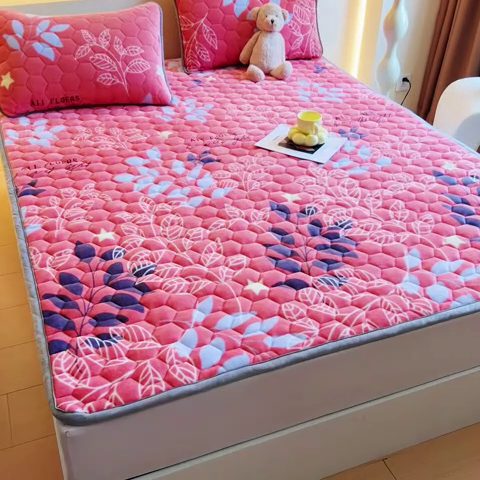 91家纺网 家纺一手货源 找家纺 情煊家纺 2024新款A类牛奶绒印花夹棉床垫 叶语柔情