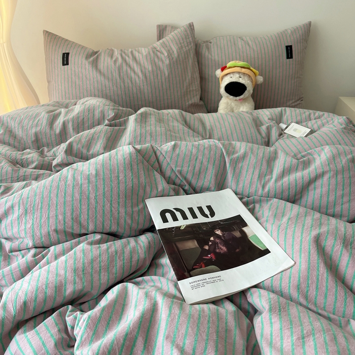 91家纺网 家纺一手货源 找家纺 呗旺鹿 2024新款A类全棉色织水洗棉马卡龙系列四件套 可乐粉绿