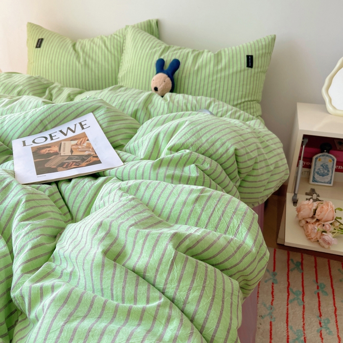 91家纺网 家纺一手货源 找家纺 呗旺鹿 2024新款A类全棉色织水洗棉马卡龙系列四件套 可乐绿紫