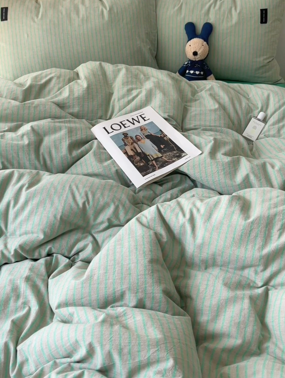 91家纺网 家纺一手货源 找家纺 呗旺鹿 2024新款A类全棉色织水洗棉马卡龙系列四件套 可乐绿灰