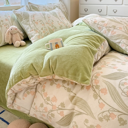 高克重上色立体雕花牛奶绒着色烂花四件套宝宝绒婴儿绒秋冬加厚法兰绒珊瑚绒三件套 铃兰-绿