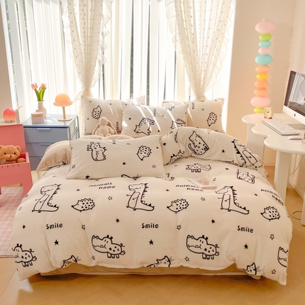 桃子家居 2024新款ins小清新花卉少女卡通跑量牛奶绒系列四件套 绒-简乐园