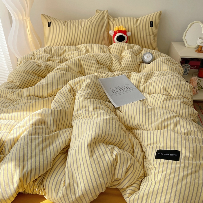 91家纺网 家纺一手货源 找家纺 呗旺鹿 2024新款A类全棉色织水洗棉马卡龙系列四件套 可乐黄咖