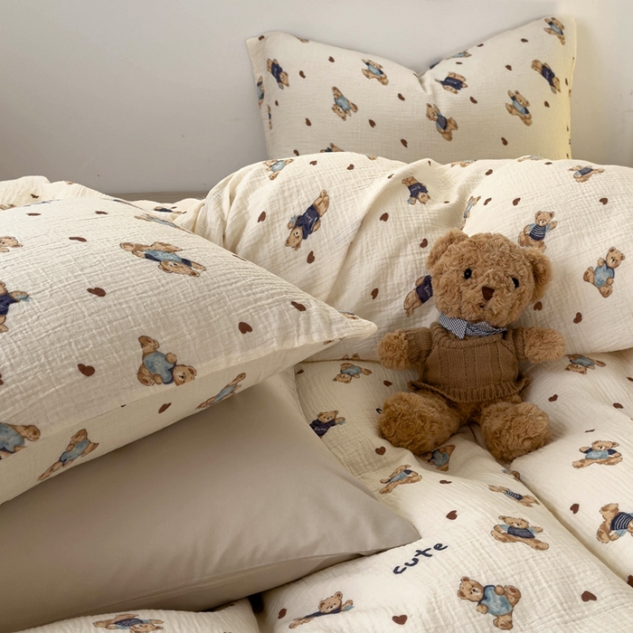 91家纺网 家纺一手货源 找家纺 洋铭区（原狠狠爱） 2024新款皱皱纱四件套 傻傻熊