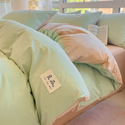 禧澜庭 2024新款纯棉全棉水洗棉斜纹无印风纯棉四件套三件套 抹茶绿+奶茶