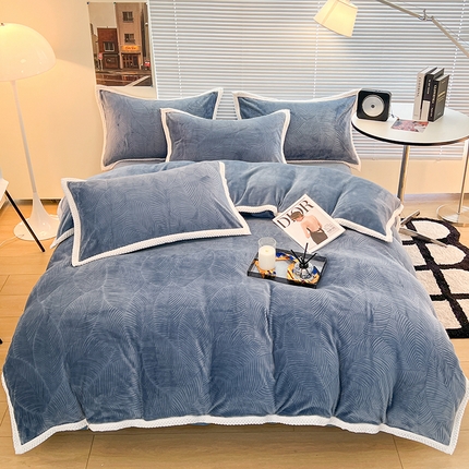 2024新款A类高克重3D立体雕花牛奶绒保暖系列套件单品-被套 新芭蕉叶湖蓝