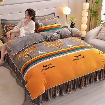 91家纺网 家纺一手货源 找家纺 橘姿 2024新款8斤床裙款牛奶绒四件套 深林麋鹿