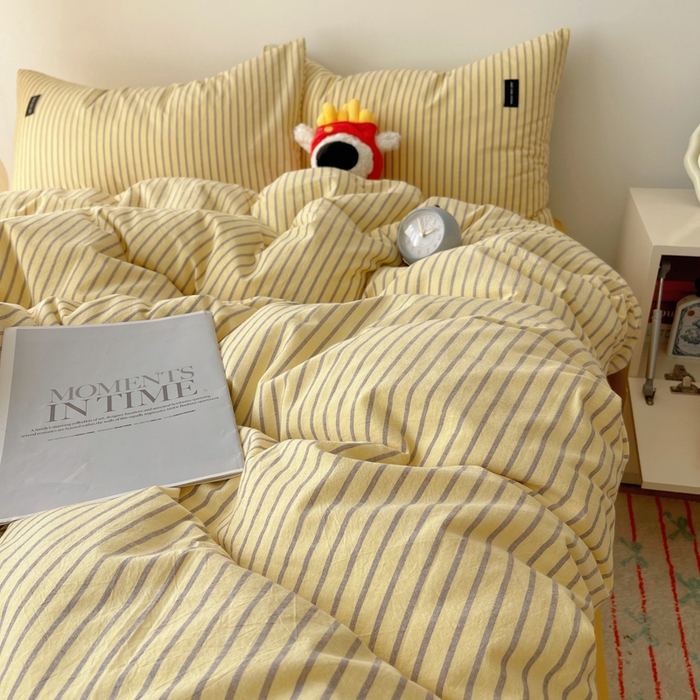 91家纺网 家纺一手货源 找家纺 呗旺鹿 2024新款A类全棉色织水洗棉马卡龙系列四件套 可乐黄咖