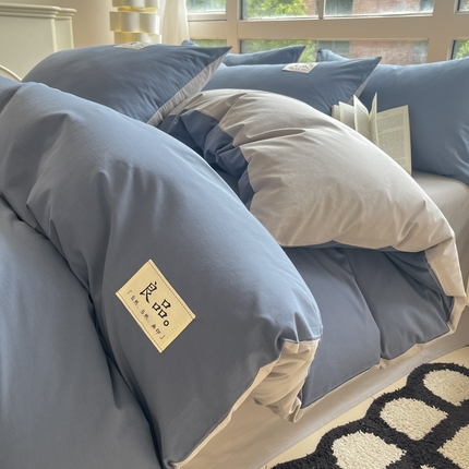 91家纺网 家纺一手货源 找家纺 禧澜庭 2024新款纯棉全棉水洗棉斜纹无印风纯棉四件套三件套 湖蓝+梧桐灰