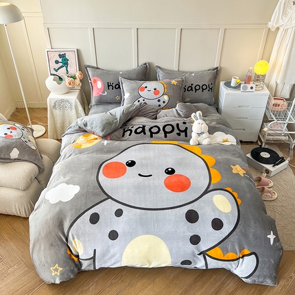 2024新款A类高克重牛奶绒大版印花保暖四件套 星际恐龙