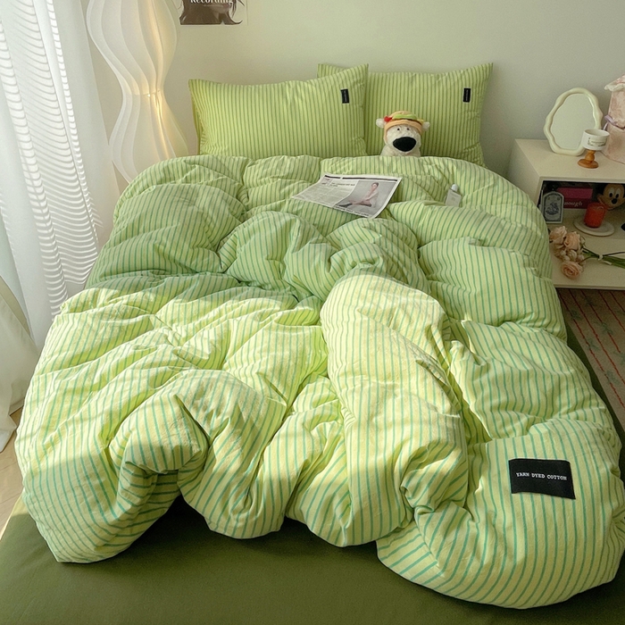 91家纺网 家纺一手货源 找家纺 呗旺鹿 2024新款A类全棉色织水洗棉马卡龙系列四件套 可乐青柠