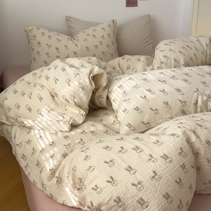 91家纺网 家纺一手货源 找家纺 洋铭区（原狠狠爱） 2024新款皱皱纱四件套 笑笑兔