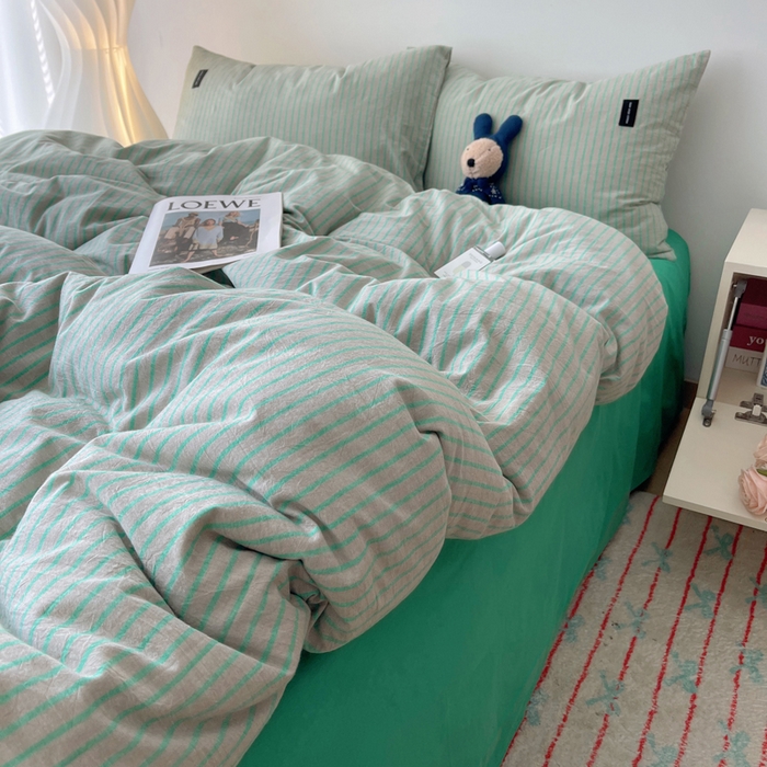 91家纺网 家纺一手货源 找家纺 呗旺鹿 2024新款A类全棉色织水洗棉马卡龙系列四件套 可乐绿灰