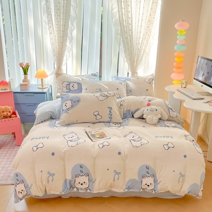 桃子家居 2024新款ins小清新花卉少女卡通跑量牛奶绒系列四件套 绒-蓝甜小狗