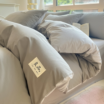 91家纺网 家纺一手货源 找家纺 禧澜庭 2024新款纯棉全棉水洗棉斜纹无印风纯棉四件套三件套 银灰+梧桐灰
