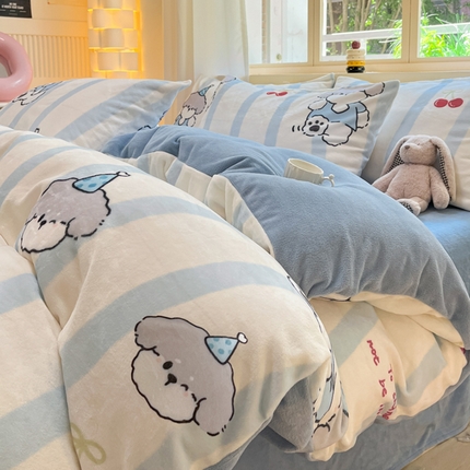 铭宣家居 2024新款7斤小清新高克重牛奶绒印花四件套床单床笠款 高地犬-蓝