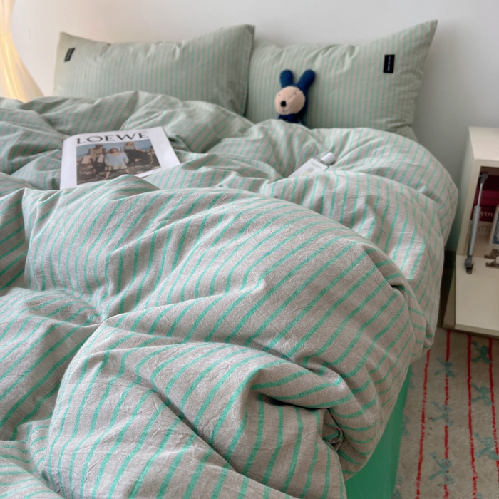 91家纺网 家纺一手货源 找家纺 呗旺鹿 2024新款A类全棉色织水洗棉马卡龙系列四件套 可乐绿灰