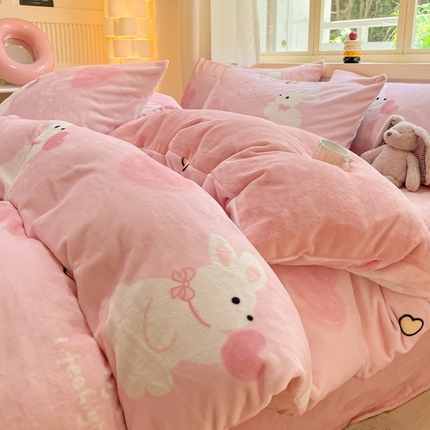 铭宣家居 2024新款7斤小清新高克重牛奶绒印花四件套床单床笠款 爱心兔-粉