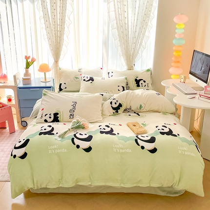 桃子家居 2024新款ins小清新花卉少女卡通跑量牛奶绒系列四件套 绒-可爱熊猫