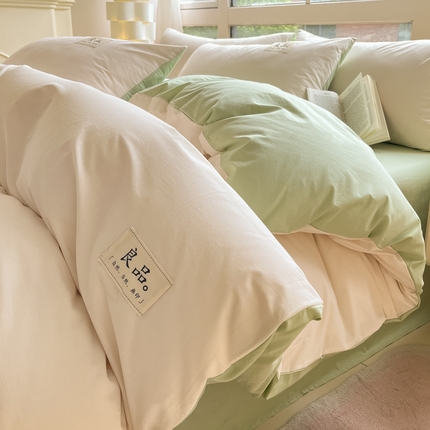 禧澜庭 2024新款纯棉全棉水洗棉斜纹无印风纯棉四件套三件套 奶昔白+抹茶绿