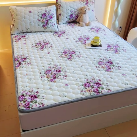 91家纺网 家纺一手货源 找家纺 情煊家纺 2024新款A类牛奶绒印花夹棉床垫 情谊绵绵