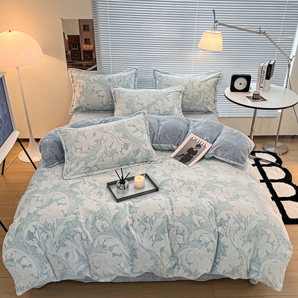 2024新款A类高克重立体浮雕牛奶绒加厚保暖系列-四件套 叶朦胧蓝