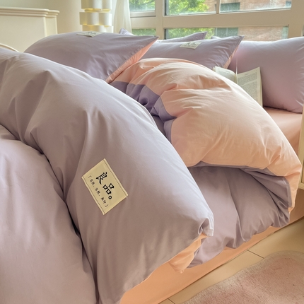 91家纺网 家纺一手货源 找家纺 禧澜庭 2024新款纯棉全棉水洗棉斜纹无印风纯棉四件套三件套 优雅紫+香叶粉