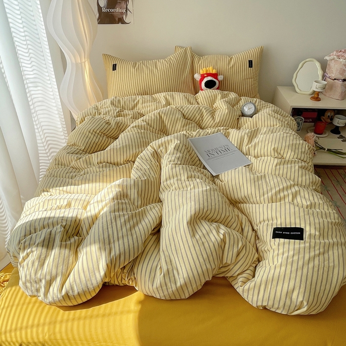 91家纺网 家纺一手货源 找家纺 呗旺鹿 2024新款A类全棉色织水洗棉马卡龙系列四件套 可乐黄咖