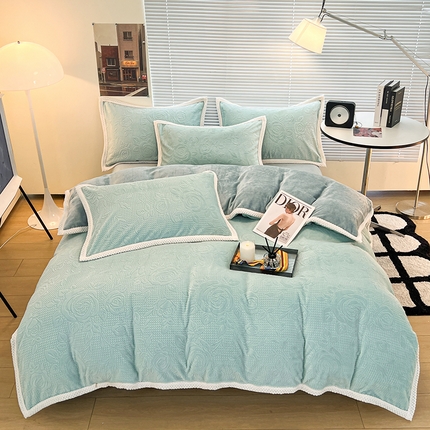 2024新款A类高克重3D立体雕花牛奶绒保暖系列套件单品-被套 玫瑰恋情蓝