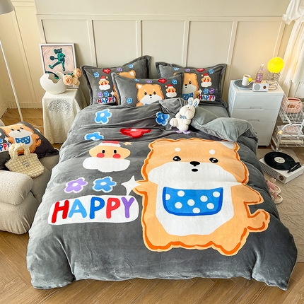 2024新款A类高克重牛奶绒大版印花保暖四件套 哈哈小犬