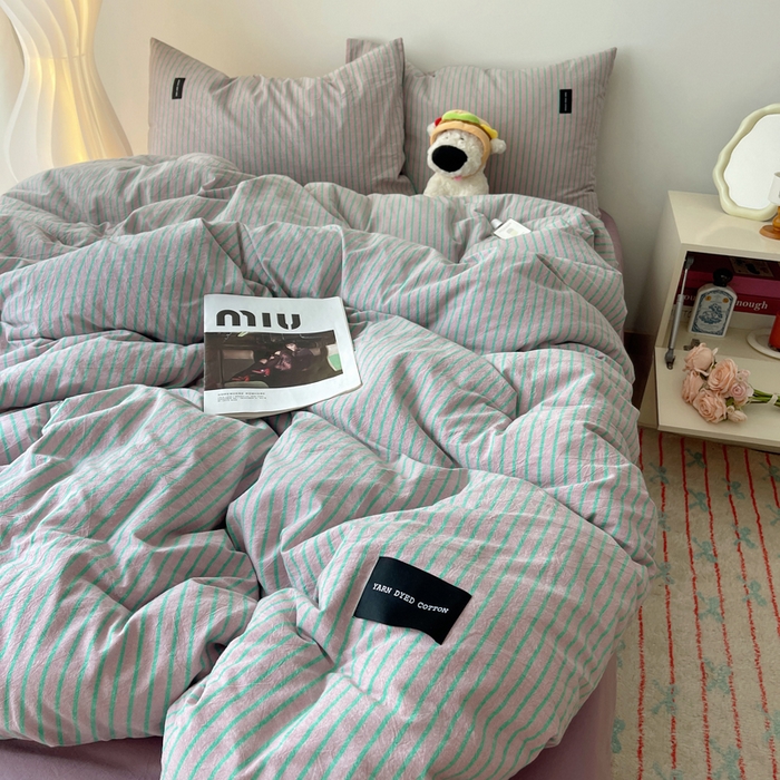 91家纺网 家纺一手货源 找家纺 呗旺鹿 2024新款A类全棉色织水洗棉马卡龙系列四件套 可乐粉绿