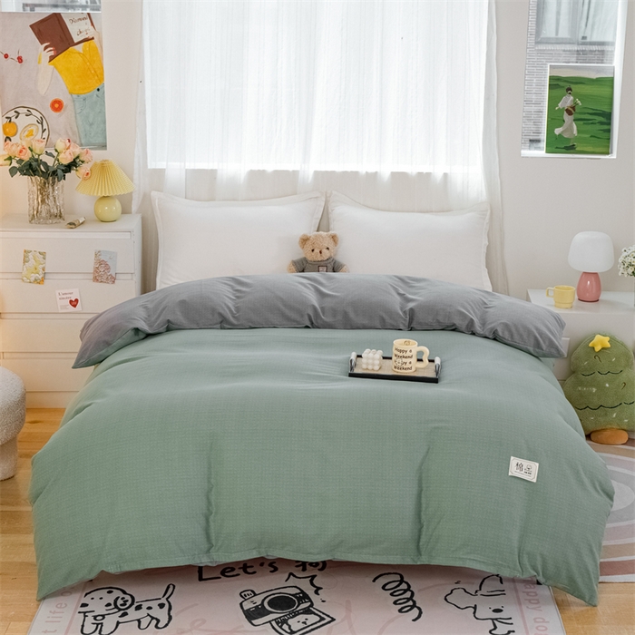 91家纺网 家纺一手货源 找家纺 宝时兰 2025新款加厚纯棉单被套生态磨毛全棉纯色双拼ab版被套单件 双拼-绿灰