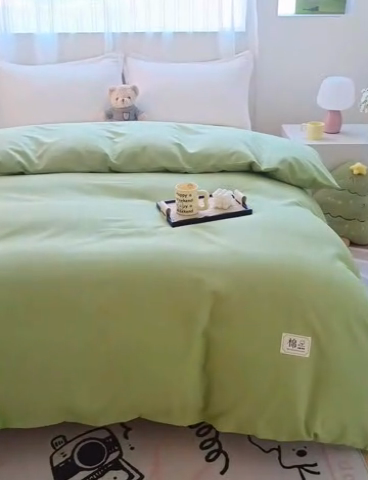 91家纺网 家纺一手货源 找家纺 宝时兰 2025新款加厚纯棉单被套生态磨毛全棉纯色双拼ab版被套单件 纯色-浅绿