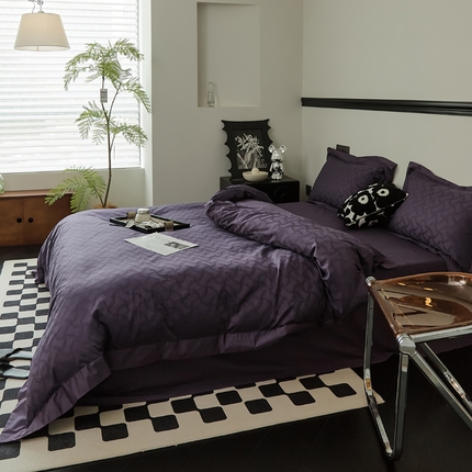 91家纺网 家纺一手货源 找家纺 2024新款60支长绒棉提花四件套--漫时光系列（常规版） 漫时光-黑葡紫
