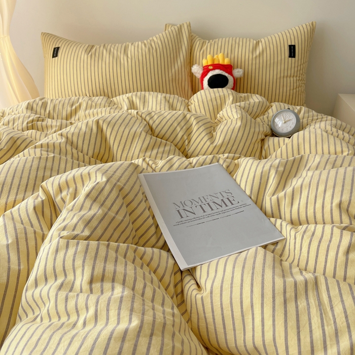 91家纺网 家纺一手货源 找家纺 呗旺鹿 2024新款A类全棉色织水洗棉马卡龙系列四件套 可乐黄咖