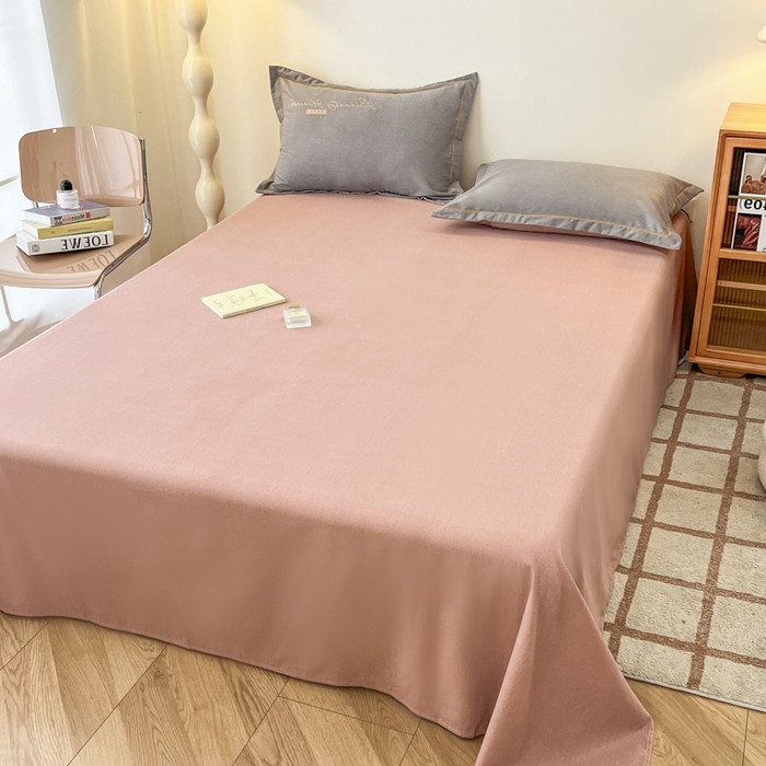 91家纺网 家纺一手货源 找家纺 菲梵家纺 2025新款纯色双拼全棉加厚磨毛刺绣款套单床单（自然光场景） 铂金粉