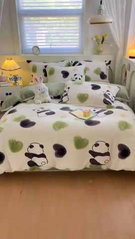 91家纺网 家纺一手货源 找家纺 2024新款小清新牛奶绒高克重加厚保暖四件套 爱心熊猫