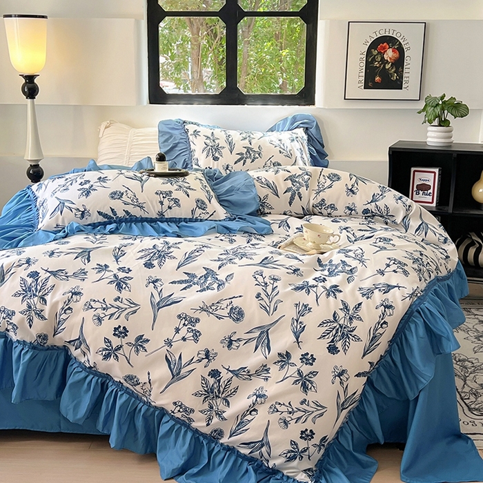 91家纺网 家纺一手货源 找家纺 春光里 2024新款法式大花边亲肤磨毛四件套 野绘霜枝（蔚蓝）