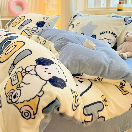 铭宣家居 2024新款7斤小清新高克重牛奶绒印花四件套床单床笠款 字母狗