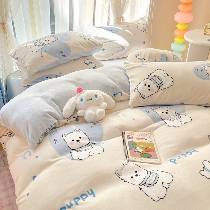 91家纺网 家纺一手货源 找家纺 桃子家居 2024新款ins小清新花卉少女卡通跑量牛奶绒系列四件套 绒-蓝甜小狗